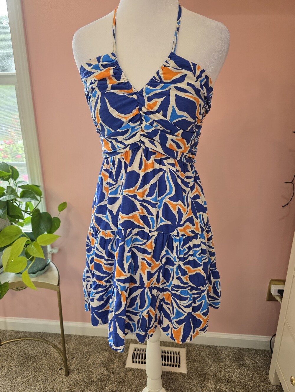 Day + Moon Blue Orange Tropical Halter Tiered Mini Dress Small